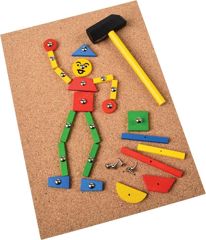 Hammer & Nail Design Kit – Montessori STEM Engineering & Geometry Building Set with 60 Wooden Tiles, Tacks, Hammer & Reusable Cork Board
