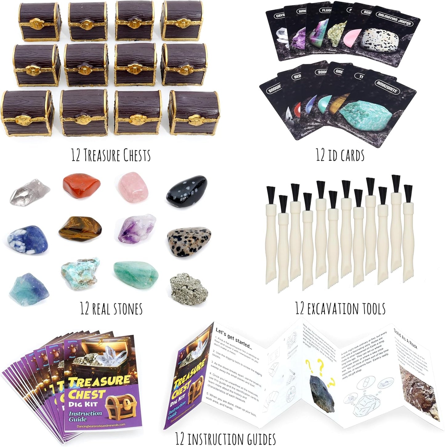 DANCING BEAR Treasure Chest Dig Kit Party Pack for 12 Kids, Excavate 12 Surprise Real Gems & Crystals, STEM Education, Fun Pirate Booty Hunt, Science Activity Gift Sets for Girls and Boys