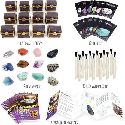 DANCING BEAR Treasure Chest Dig Kit Party Pack for 12 Kids, Excavate 12 Surprise Real Gems & Crystals, STEM Education, Fun Pirate Booty Hunt, Science Activity Gift Sets for Girls and Boys