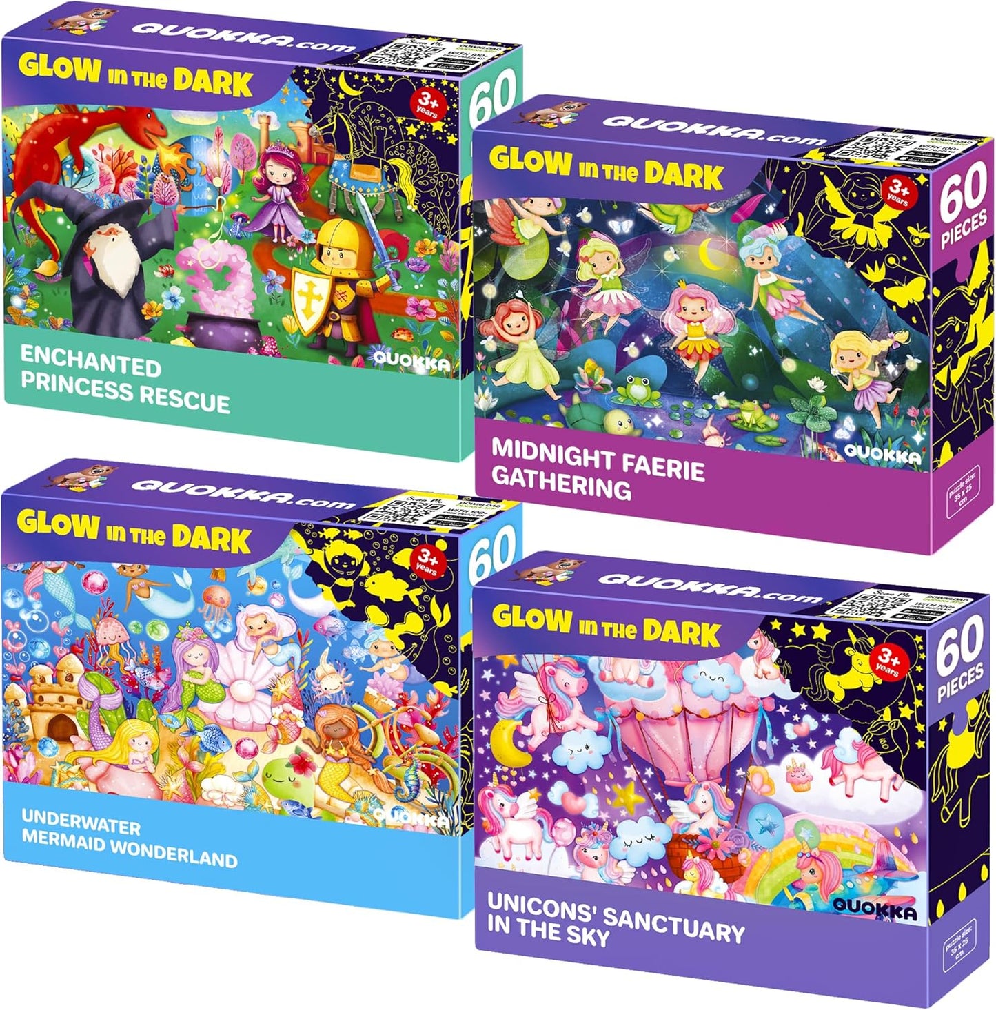 QUOKKA Puzzles for Kids Ages 4-6 - Set of 4x60 Jigsaw Puzzles for Toddlers 3-5 - Unicorn Princess Animals Toys for Children 6-8 yo - Gift Educational Game for Boys & Girls