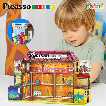 PicassoTiles 60pc Magnetic Tile Princess Castle Building Set with Double Sided Printed Tiles 2 Character Figures STEM Educational Toy Kit for Kids Pretend Play Montessori Learning Ages 3 to 8 PTQ04