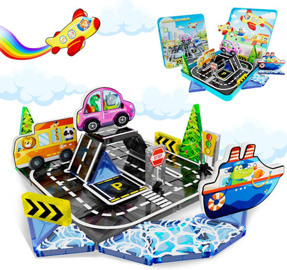 40PCS Mini Magnetic Tiles – City Road Building Blocks Set in Iron Case, Portable STEM Travel Toys for Toddlers, Quiet On-the-Go Activities & Preschool Learning for Kids