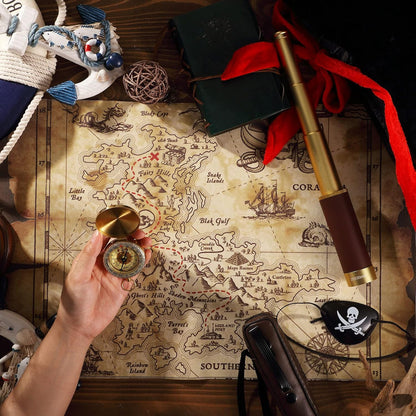 Pirate Monocular Telescope Treasure Map Pocket Compass Pirate Hat Skull Print Captain Costume, 5 Pcs Party Favors Costume Spyglass Kid Compass for Cosplay(Small)