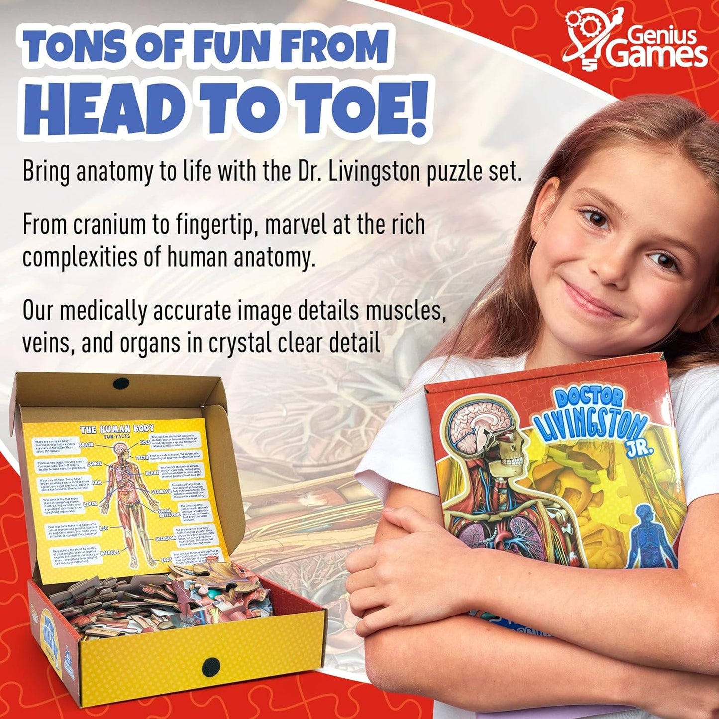 Human Anatomy Kids Floor Puzzle - Dr Livingston Jr's 100-Piece Full Body Jigsaw Puzzle - 4 FT Medically Accurate Floor Puzzles for Kids Ages 6-8, 4-8, 8-10 - Educational Toys for Children, Toddlers