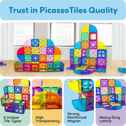 PicassoTiles 42pcs Magnetic Tiles Magnet Blocks See-Through Shape STEM Toys Building Block Educational Playset Compatible with Major Brand Tile -Starter Set for Boys and Girls Toddlers Ages 3+ PT42