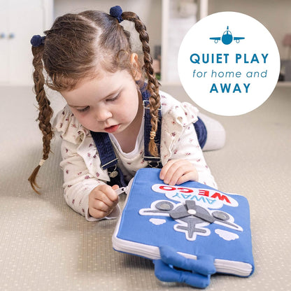 Curious Columbus Quiet Book Fabric Busy Book - Airplane Travel Toys for Kids - Montessori Toy Preschool Activity Books - Fun and Educational Fabric Book