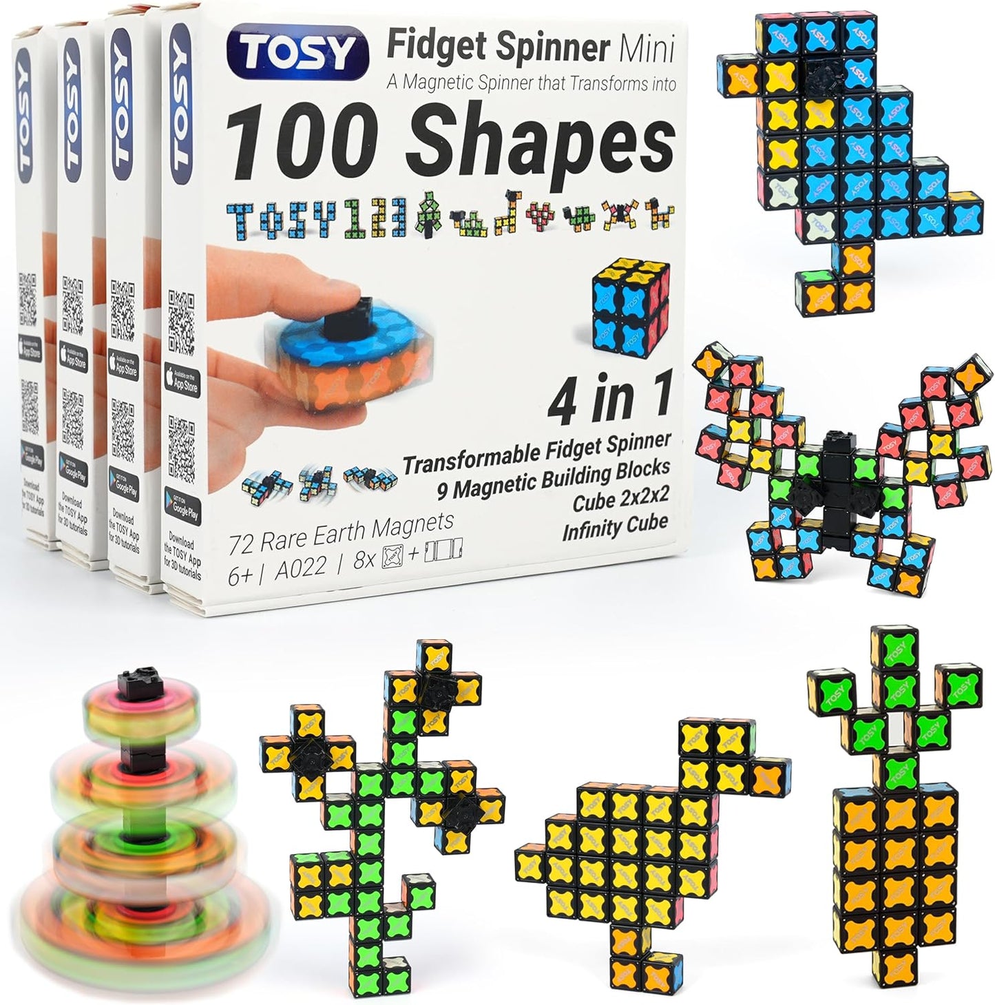 TOSY Magnet Fidget Spinner Mini - 8 Blocks, 3 in 1 Toy: Transformable Fidget Spinner, Infinity Cube, 2x2 Puzzle Cube, Easter Basket Stuffers for Kids/Adults, STEM Sensory Stress Relief Toy