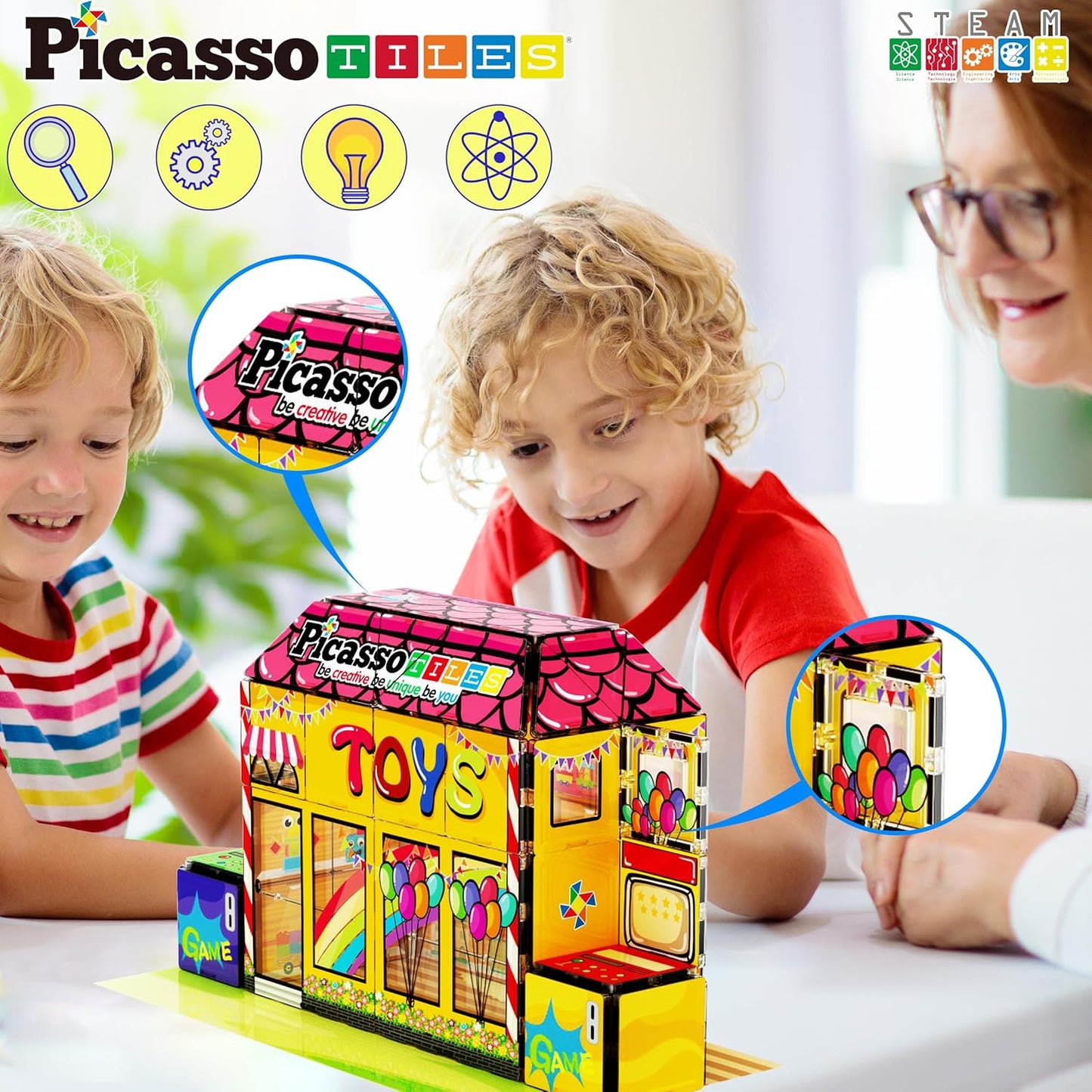 PicassoTiles 60pc Magnetic Tile Princess Castle Building Set with Double Sided Printed Tiles 2 Character Figures STEM Educational Toy Kit for Kids Pretend Play Montessori Learning Ages 3 to 8 PTQ04