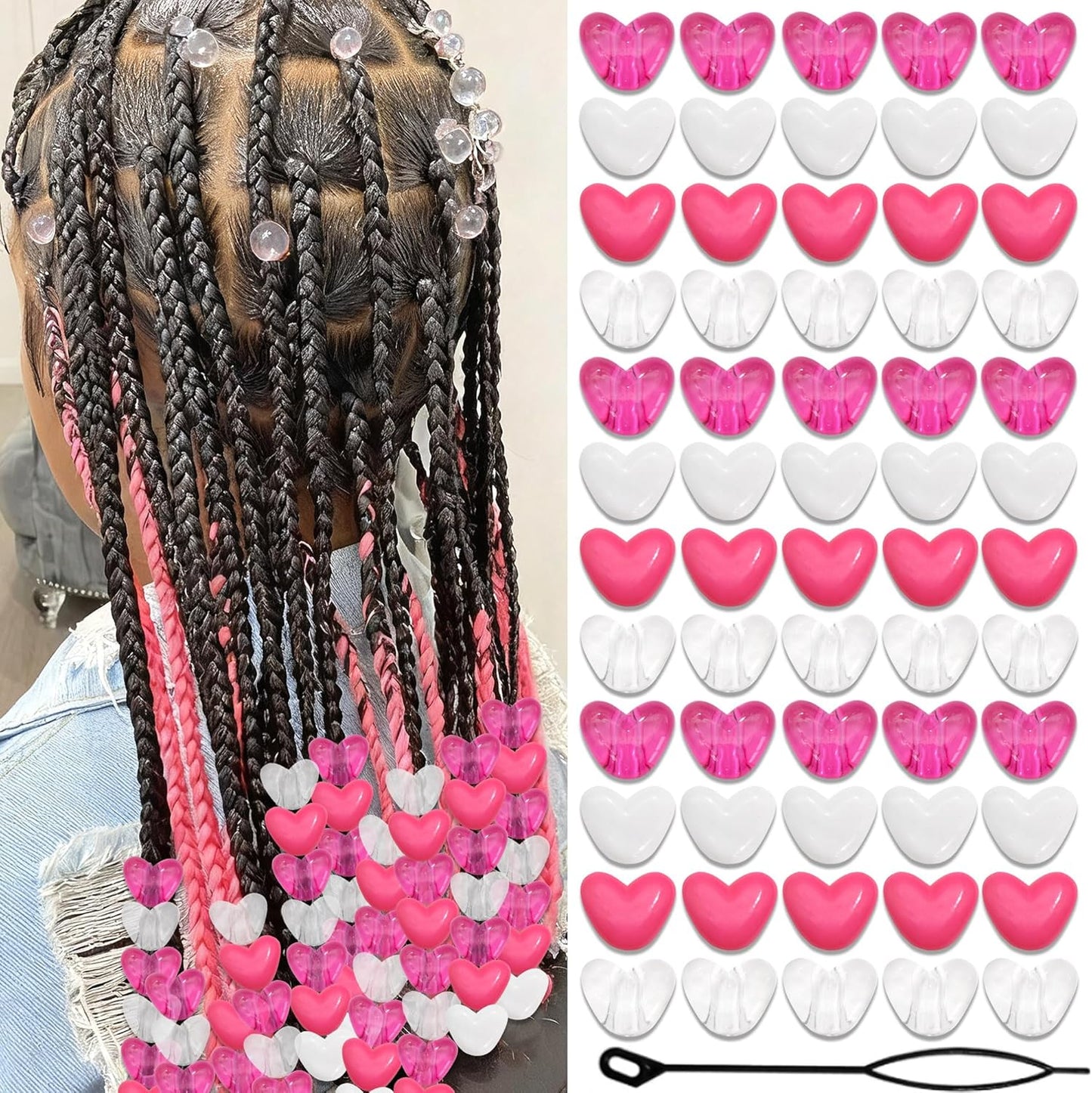 88PCS Pink White Hair Beads for Braids Lovely Heart Shape Loc Dreadlock Valentine's Day Bead Accessories Cute Acrylic Small Pony Beads for Kids Girls