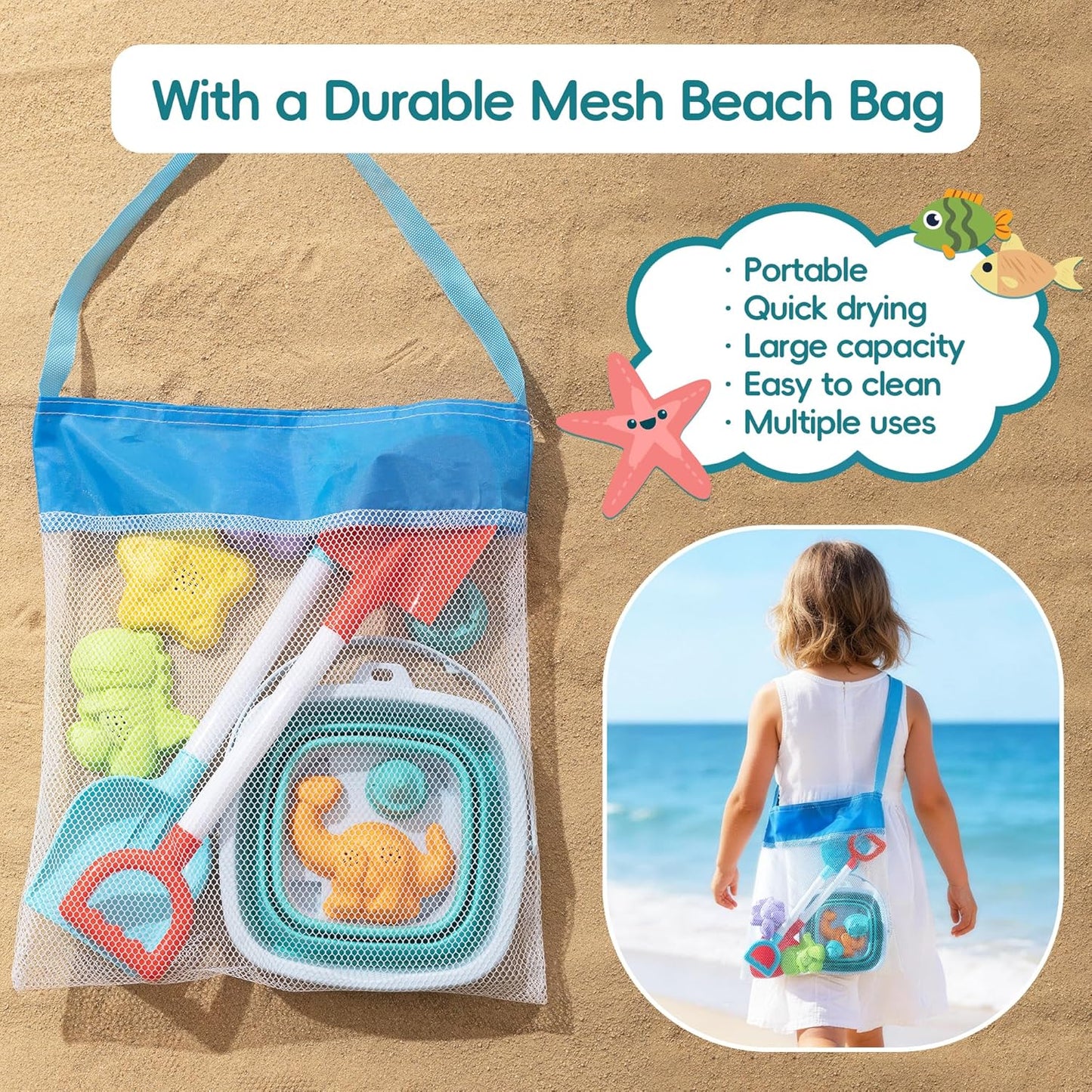 Sawaruita Beach Toys for Kids - Sand Toys Set Includes Collapsible Sand Bucket Shovel and Sand Rake Toy for Beach 12 PCS, Sandbox Toys Sandcastle Building Kit (A)