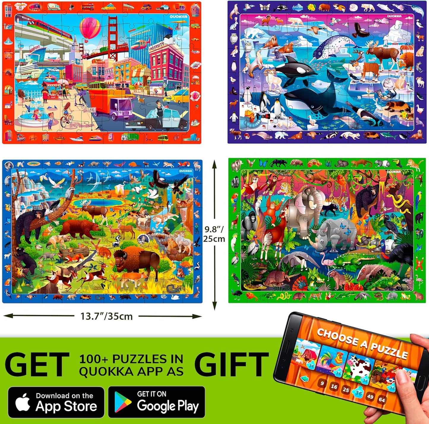 QUOKKA Puzzles for Kids Ages 4-6 - 4 x 60 Puzzles for Toddlers 5-8 - Educational Search & Find Toy for 8-10 yo for Learning Forest Polar, USA National Park Animals & City Life