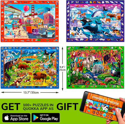 QUOKKA Puzzles for Kids Ages 4-6 - 4 x 60 Puzzles for Toddlers 5-8 - Educational Search & Find Toy for 8-10 yo for Learning Forest Polar, USA National Park Animals & City Life