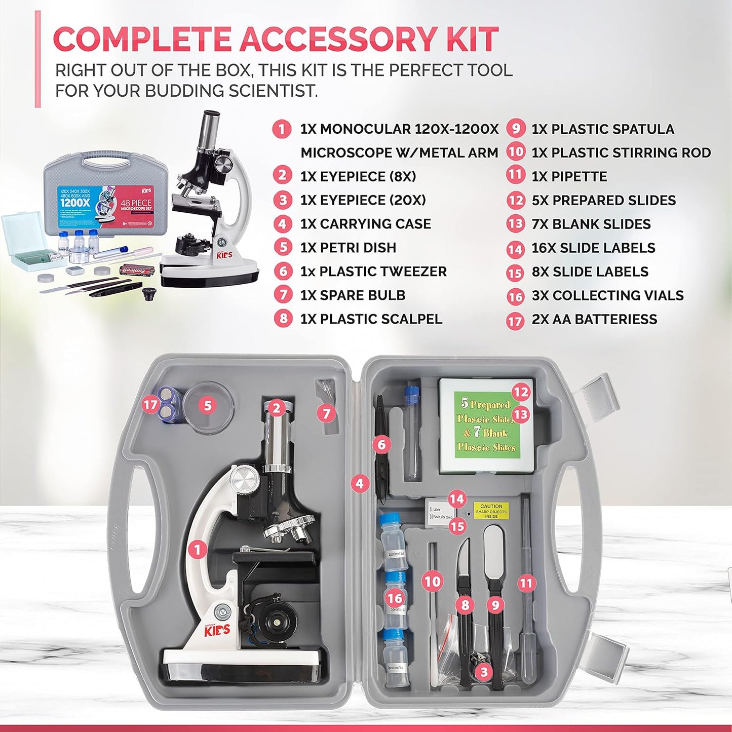 AmScope 1200X 48-pcs Kids Student Beginner Microscope Kit with Slides, LED Light, Carrying Box and Book The World of The Microscope