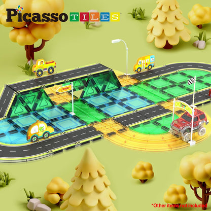 PicassoTiles Magnetic Tiles Race Track Car Thrilling Toy Playset Includes 2 Racing Trucks STEM Educational Magnet Tile Building Block Construction Set for Toddlers Boys Girls Ages 3 and Older PTR30