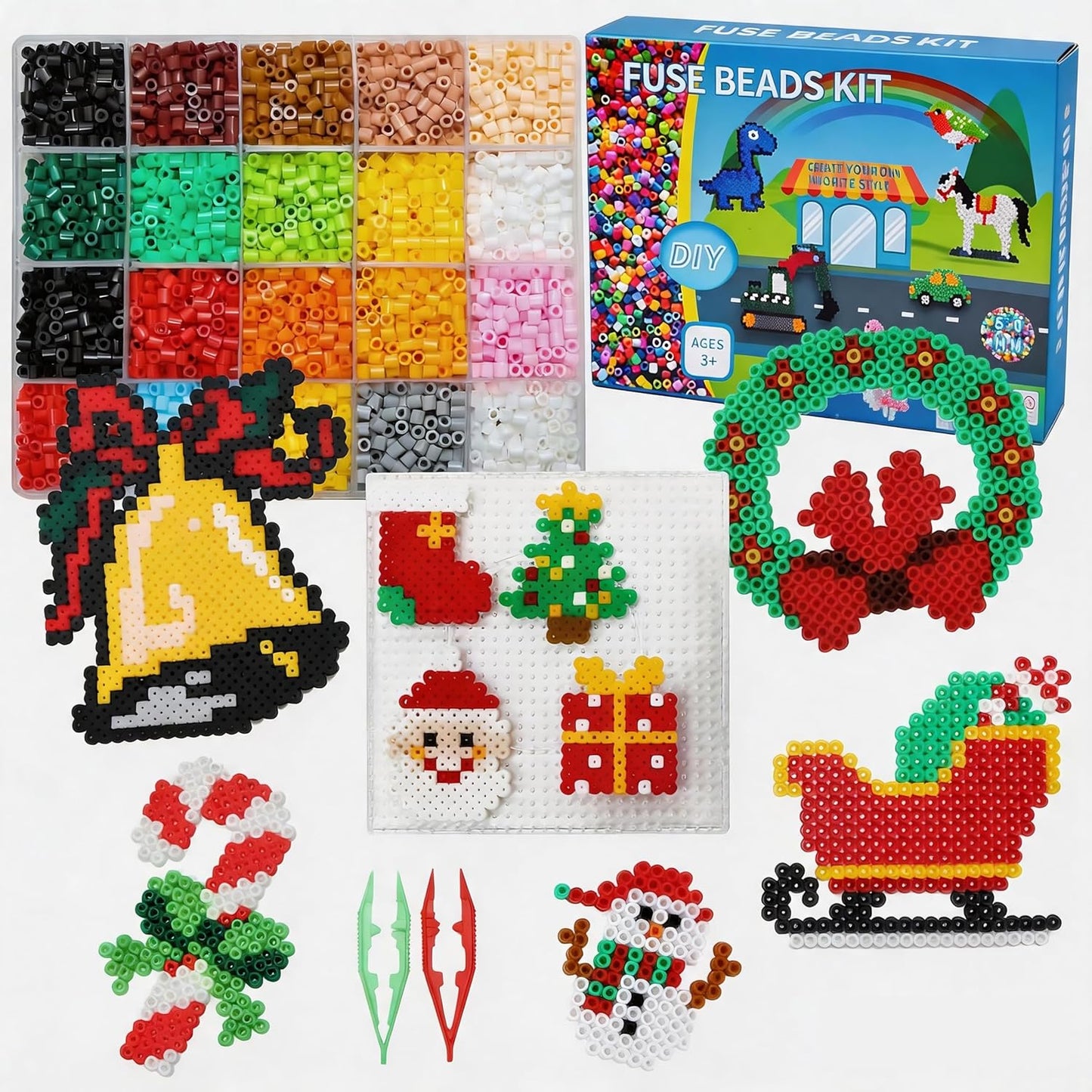 LULUETPUE Christmas Fuse Beads Kit, 7000PC 5MM Melty Beads Set, Iron Melting Bead Craft Kit with Pegboards,Ironing Paper, Arts and Crafts Set for Boys Girls Xmas Birthday