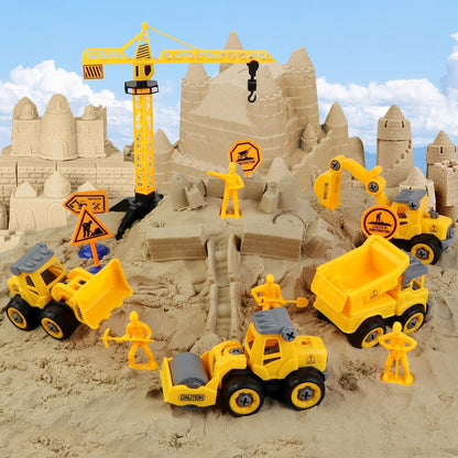 Sand Construction Kit,Sandbox,2.2lbs Magic Sand W/4 Take Apart Construction Trucks,Tower Crane,8 Sand Molds,4 Worker Figures,4 Road Signs,Toys for Boys Girls Age 4-8 Yellow,Brown