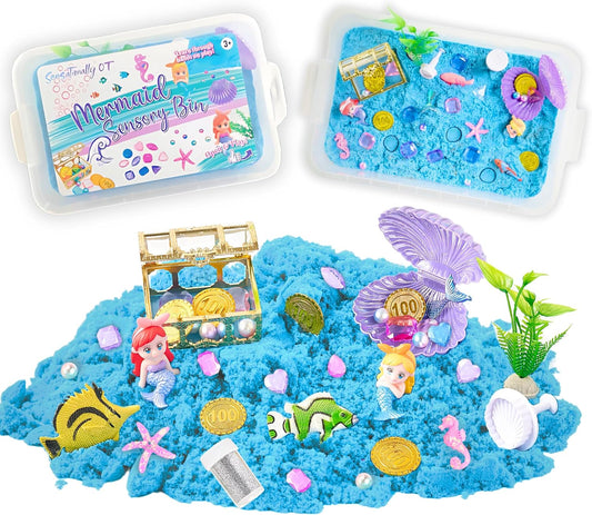 38 PCS Mermaid Sensory Bin with 2 lb Magic Sand, Ocean Molds & Treasure Accessories – Creative Sand Play Gift for Girls Ages 3–8