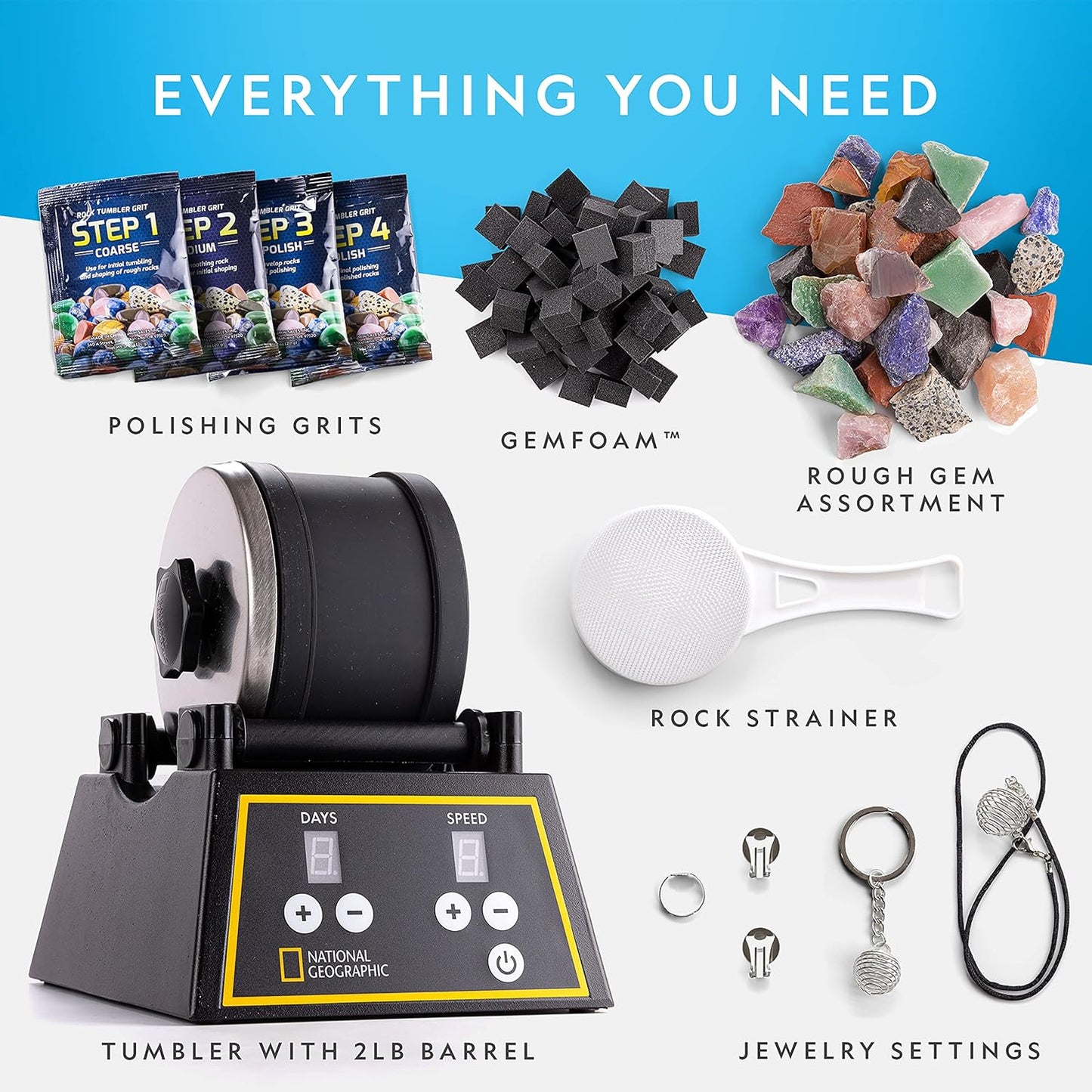 National Geographic Professional Rock Tumbler Kit – Extra Large 2 Lb. Barrel with 3-Speed Motor & 9-Day Timer – Geology DIY Kits for Adults, Rock Collection Hobby, Great Educational STEM Science Kit