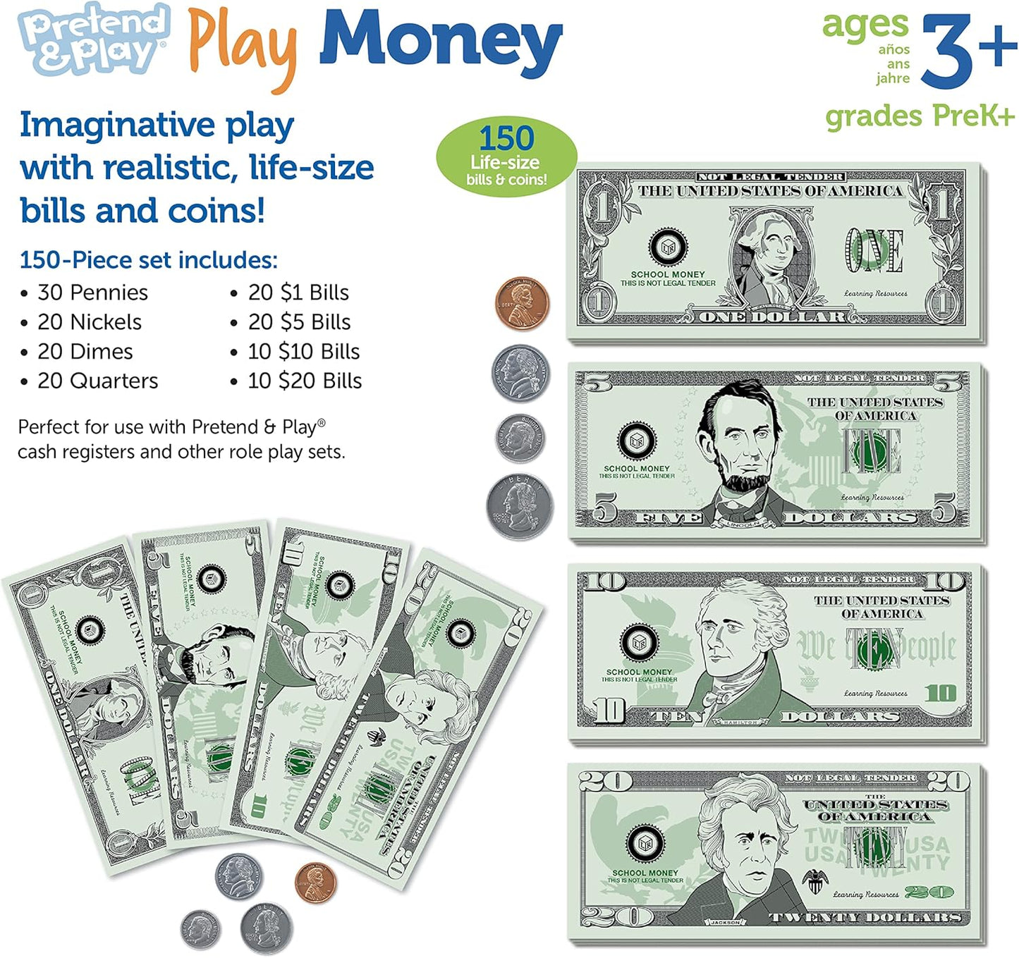 Learning Resources Pretend Play Money - Math Manipulatives For Kids, Kids Bank, Plastic Coins, Cash Register, Toddler , Homeschool Supplies, Fine Motor Skills, Teaching Set Manipulatives