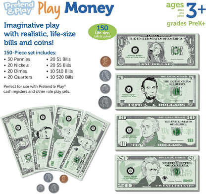 Learning Resources Pretend Play Money - Math Manipulatives For Kids, Kids Bank, Plastic Coins, Cash Register, Toddler , Homeschool Supplies, Fine Motor Skills, Teaching Set Manipulatives