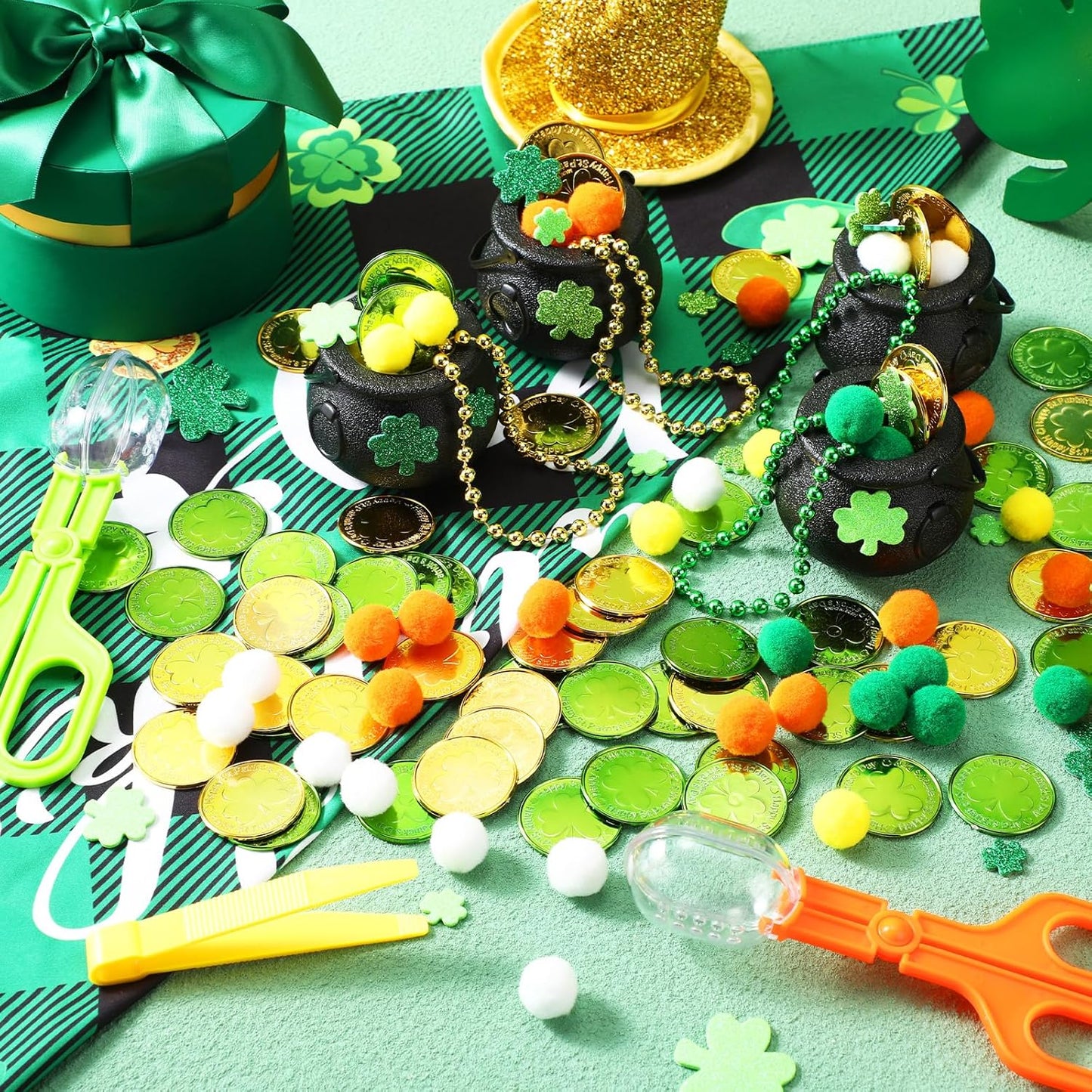 Foilswirl 436 Pcs St. Patrick Sensory Bin Filler Fine Motor Toys Include 4 Tweezers 2 Scissors Clips 200 Pom Poms 4 Cauldron Pot 60 Plastic Coins 6 Necklace 160 Shamrock Stickers for Sorting Counting