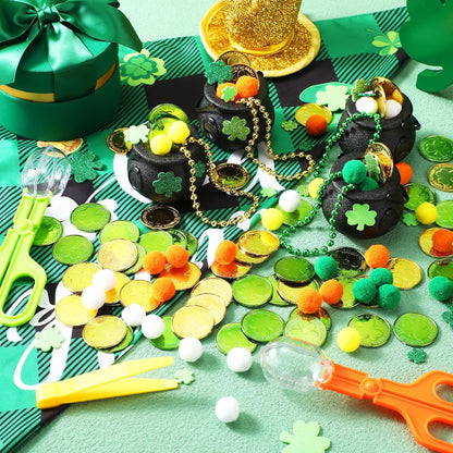 Foilswirl 436 Pcs St. Patrick Sensory Bin Filler Fine Motor Toys Include 4 Tweezers 2 Scissors Clips 200 Pom Poms 4 Cauldron Pot 60 Plastic Coins 6 Necklace 160 Shamrock Stickers for Sorting Counting