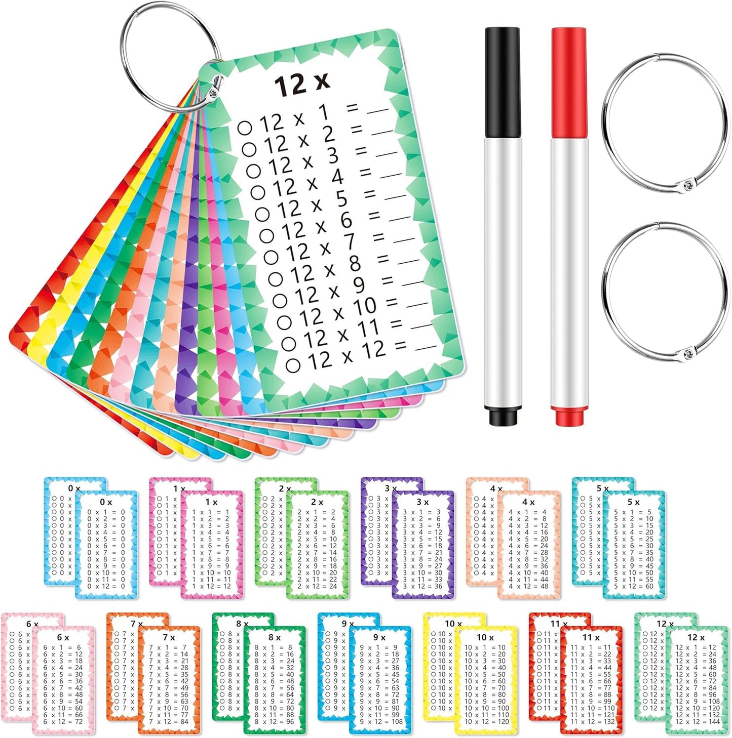 1 Set of 13 Multiplication Flashcard Math Game Times Table Flash Cardstock with 2 Dry Erase Markers and 2 Rings for Grades 1 to 3 Kids Fun Classroom Learning Supplies