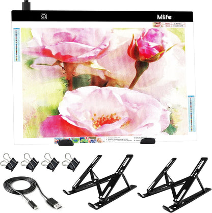 Mlife B4 LED Light Pad Kit - Upgraded Diamond Art Painting Light Box Dimmable Tracing Light Board, Sketching, Animation, Drawing Light Box with 4 Fasten Clips and Metal Stand