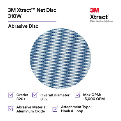 3M Xtract Net Disc 310W, 320+, 8 in, Die 800L, Pack of 50 Hook and Loop Sanding Discs, Virtually Dust-Free, Value Option for Metal, Wood, Composites, Stock Removal, and Fine Finishing
