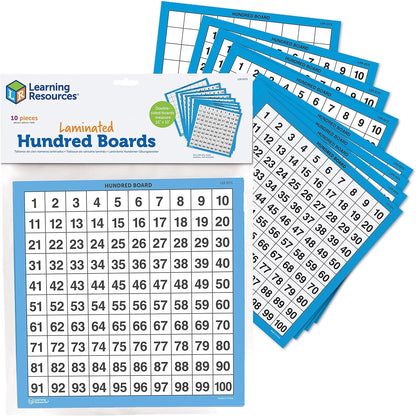 Learning Resources Laminated Hundred Boards - 10 Pieces Dry-Erase Counting Aid, Teaching Supplies, Math Boards for Kids