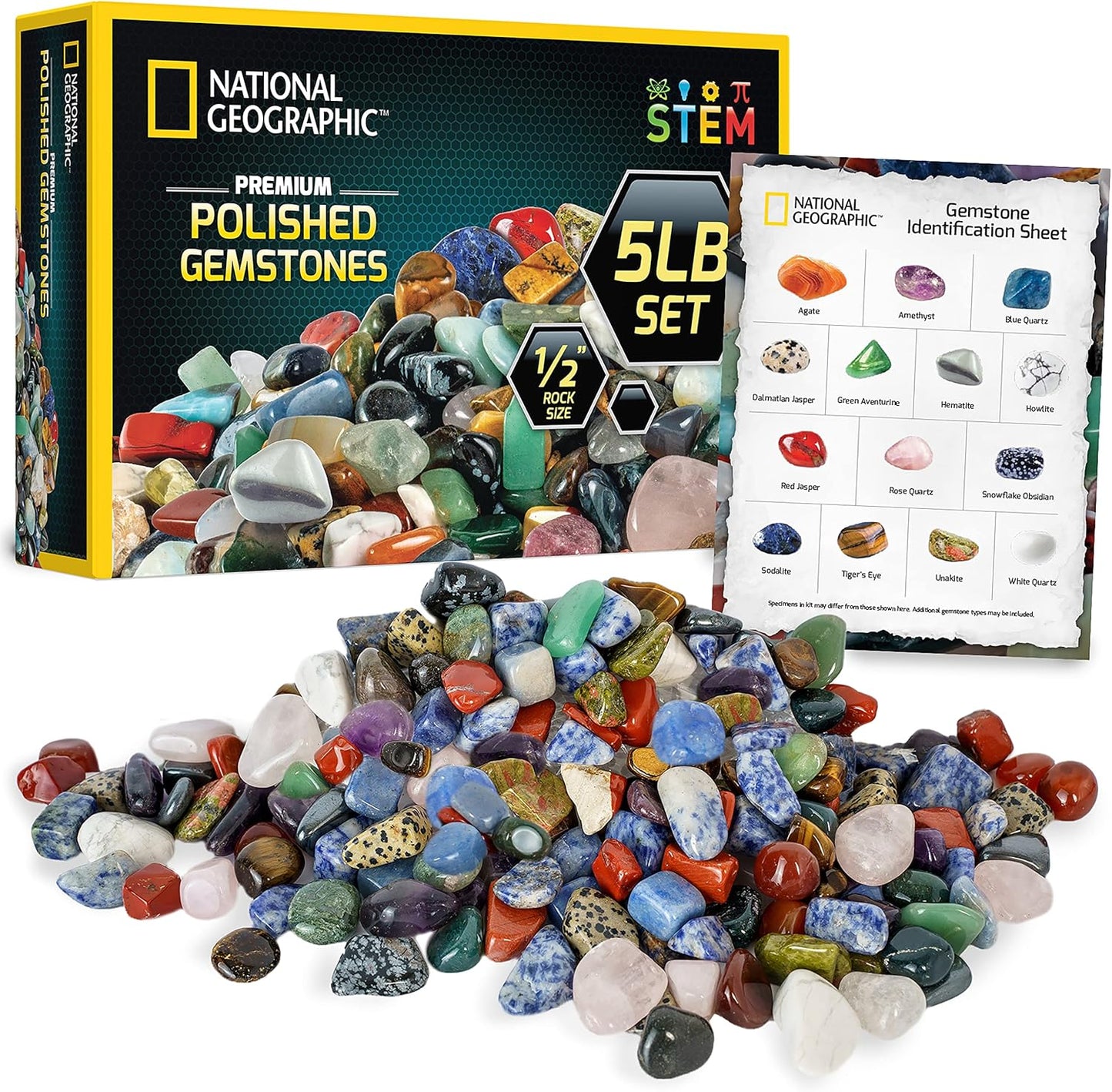 National Geographic Premium Polished Stones - 5 Pounds of 1/2-Inch Tumbled Stones and Crystals Bulk, Arts and Crafts, Rock and Mineral Kit, Rocks for Kids, STEM Toys