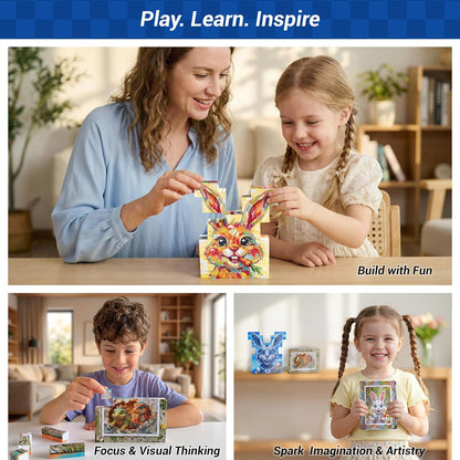 TOSY Picture Cube Cute Dino: 6-in-1 Magnetic Picture Puzzle, Easter Basket Stuffers STEM Gift for Kids & Adults, 48 Blocks, 288 Faces/Magnets, 0.6 in, B021, Seamless UV Art, Display-Ready Frame