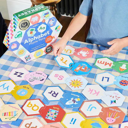 eeBoo Hexagon Puzzle Pairs - Rhyming Words, 33 Self-Correcting Pairs, Match Sounds to Images, Pre-Reading Activity for Preschool Kids Ages 3 and up