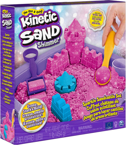 Kinetic Sand | Shimmer Sand Castle | Kinetic Sand 454g | Magic Sand | Pink Glitter Coloured Sand | 3 Accessories and Tray Included | Toys for Boys and Girls 3 Years