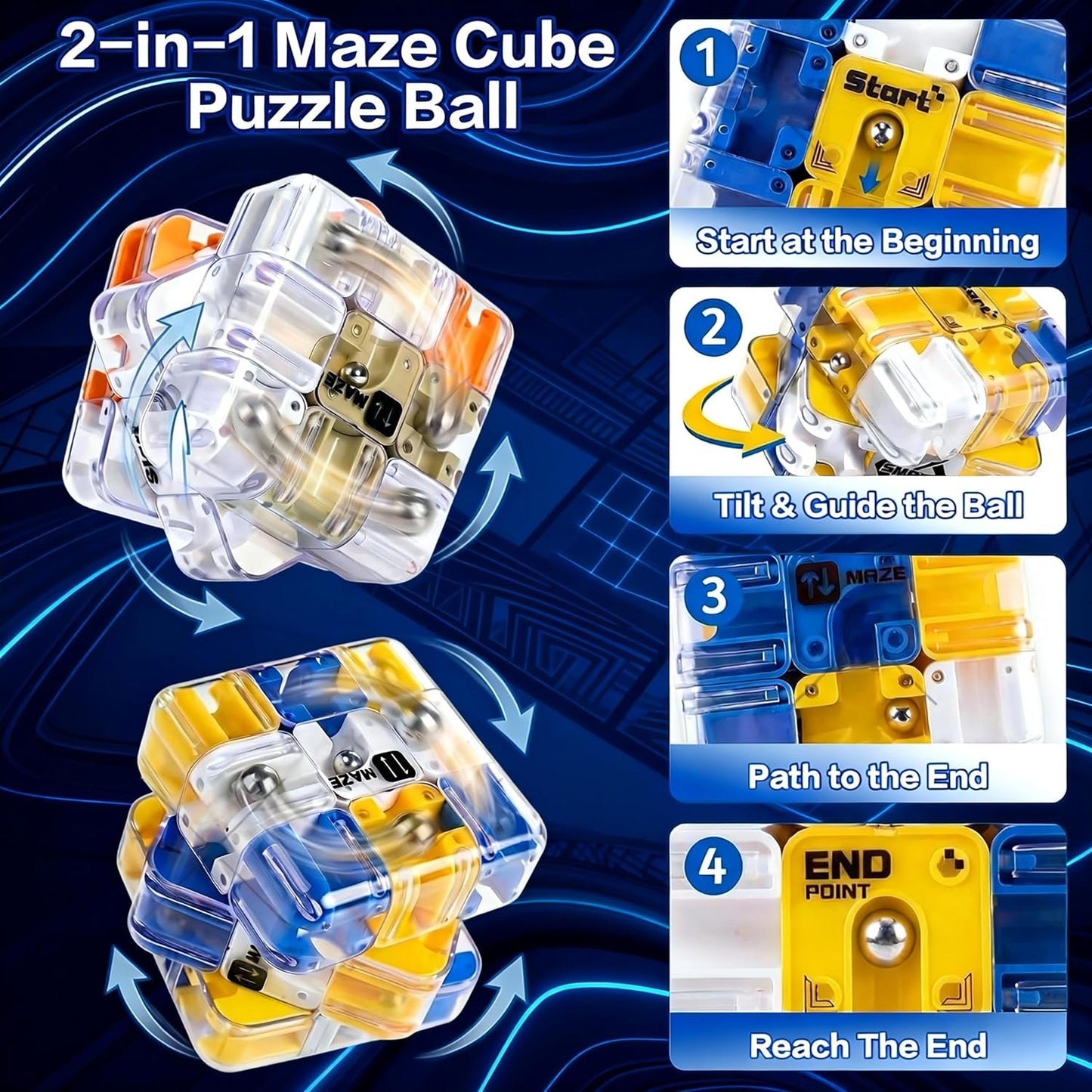 2-Pack 3D Maze Cube Puzzle, Battle Set for 2 Players, 2-in-1 Twist & Roll Brain Teaser Toys, Family Game Night & STEM Learning Gifts for Kids Teens (Blue & Yellow)