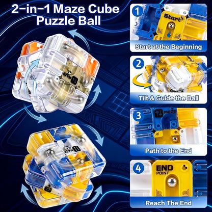 2-Pack 3D Maze Cube Puzzle, Battle Set for 2 Players, 2-in-1 Twist & Roll Brain Teaser Toys, Family Game Night & STEM Learning Gifts for Kids Teens (Blue & Yellow)