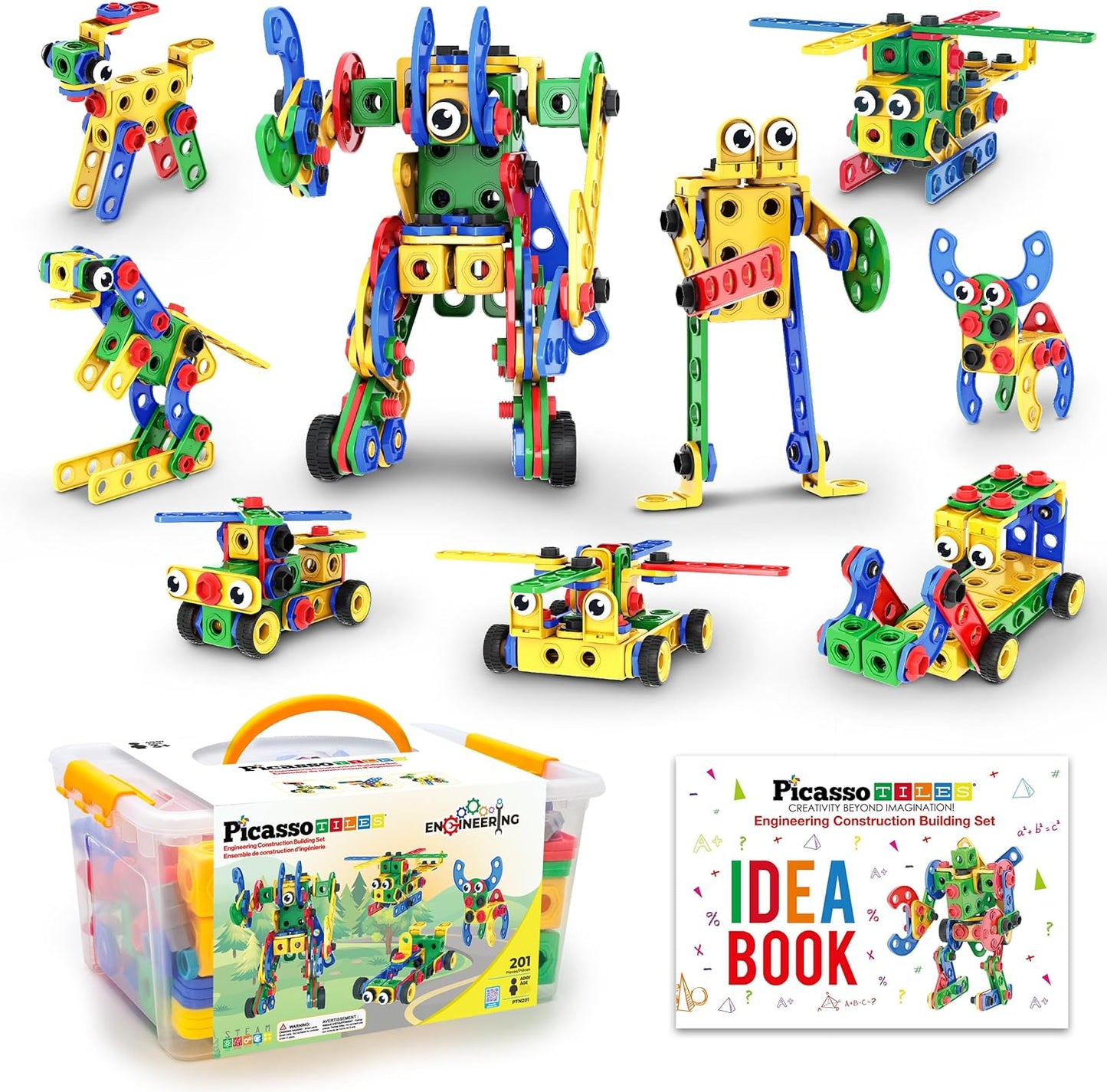 PicassoTiles 152pc STEM Construction Toy Building Set for Kids Ages 3+ Includes Power Drill, Ratchet, Idea Book, Storage Box Educational Engineering Science Kit & Sensory Toys for Boys & Girls PTN152