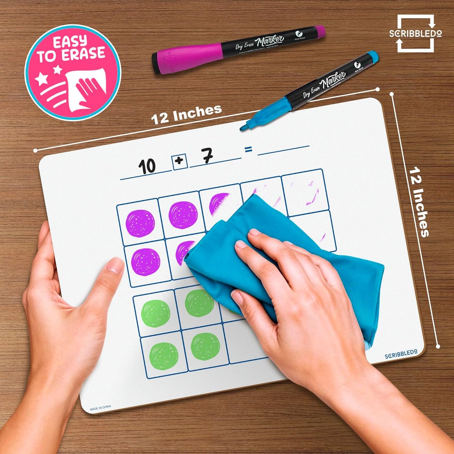 SCRIBBLEDO Dry Erase Ten Frame Area Model Board 9" x 12" Double Sided Whiteboard Math manipulatives for Kids - Area Model and 2 Ten Frames Math Practice for Addition Subtraction and Multiplication