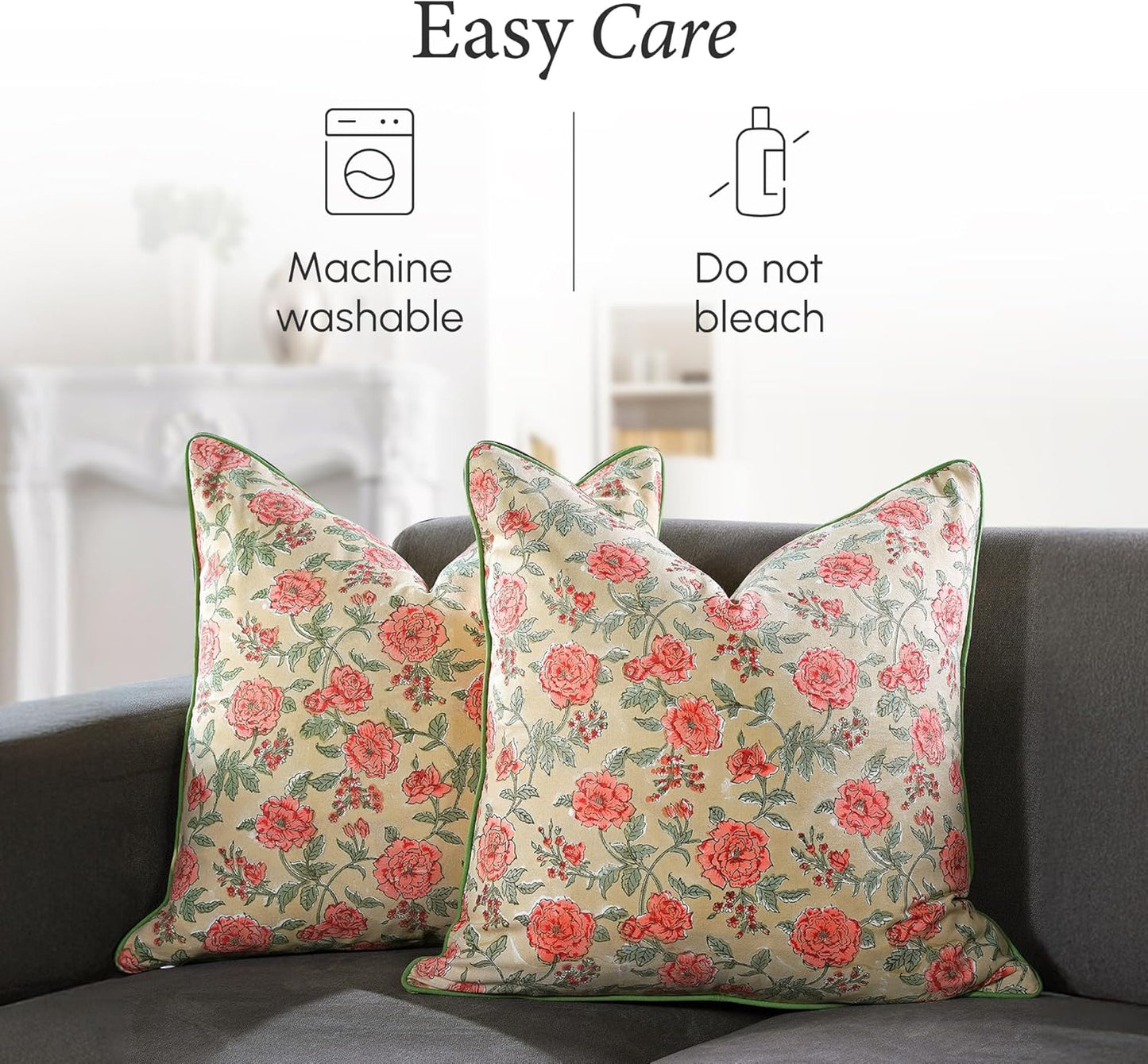 CPC 100% Cotton Throw Pillow Covers 18x18 Inch, Set of 2 Green Block Print Pattern Couch Pillow, Cute Boho Decorative Pillows for Living Room, Bedroom with Hidden Zipper- Agate Green