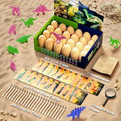 24 Dinosaur Eggs Dig Kit Toys for Kids, Dinosaur Eggs Excavation Kit with Magnifier, Easter Basket Stuffers, Science STEM Birthday Party Favors Gifts for Boys Girls Age 3 4 5 6 7 8 9 10 + Years Old