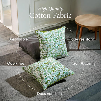 CPC 100% Cotton Throw Pillow Covers 18x18 Inch, Set of 2 Green Block Print Pattern Couch Pillow, Cute Boho Decorative Pillows for Living Room, Bedroom with Hidden Zipper- Agate Green