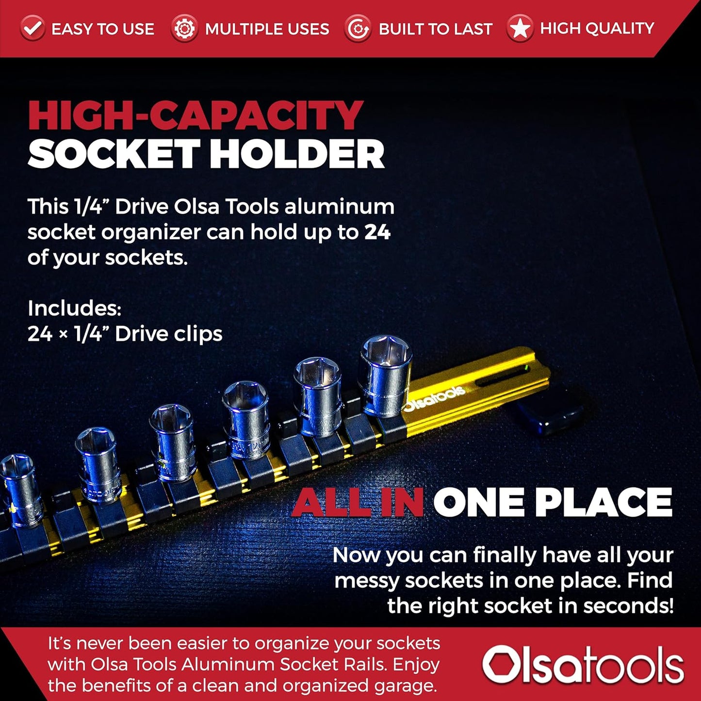 Olsa Tools Aluminum Socket Organizer, 3pc Set - Yellow Socket Holder Kit 1/2-Inch, 3/8-Inch, and 1/4-Inch Drive - Holds 58 Chrome or Impact Sockets - Professional Grade Socket Rails - Part: 1110