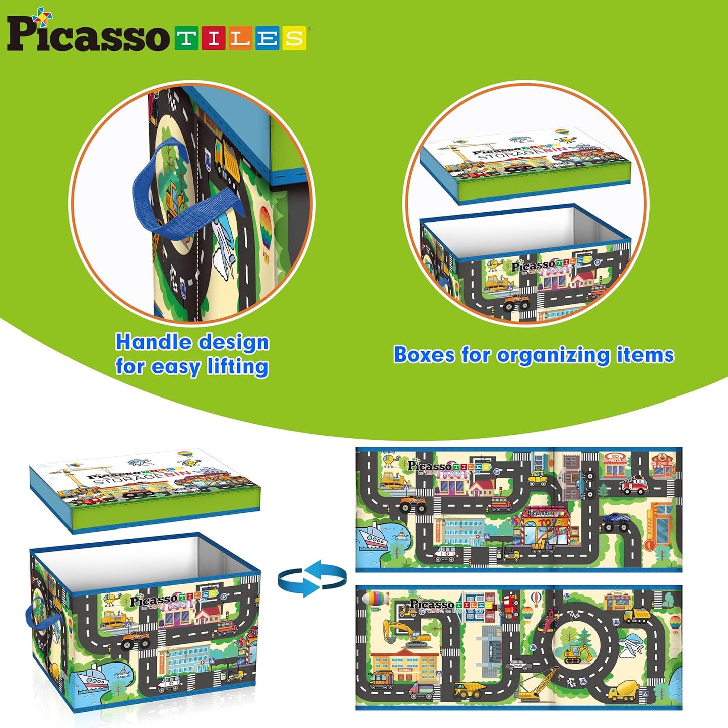 PicassoTiles Foldable Toy Storage Chest Box Forest Animal Theme Magnet Tile Organization Bin with Lid and Handles Magnetic Tiles Playroom Organizer STEM Early Educational Toys Boys Girls Ages 3+ PTA34