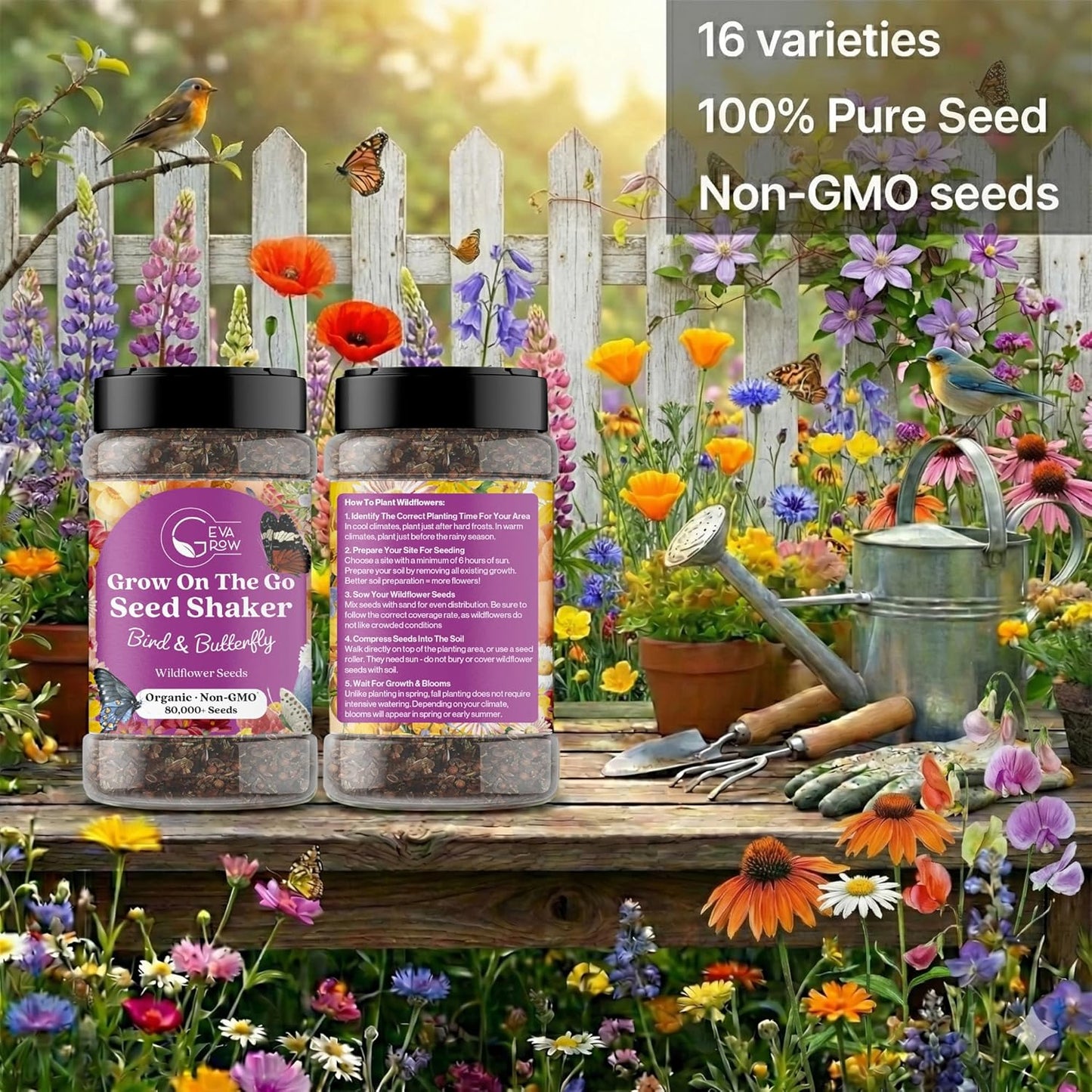 Mini Wildflower Seed Shaker - Save The Bees Seed Mix, by GevaGrow | 80,000+ Seeds | Pollinator & Bee Attracting Flower Seeds Bulk for Planting in Pots & Outdoor Gardens | 2 Ounce