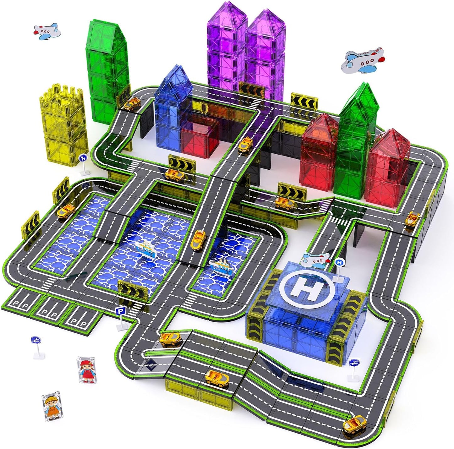 Magnetic Tiles,121PCS Magnet Tiles Road Set with Pullback Cars for 3+ year old Boys,Magnetic Toys for Kids Ages 4-8 with Ship,Airplane,Traffic Sign,STEM Classroom Educational Birthday Gifts Toys
