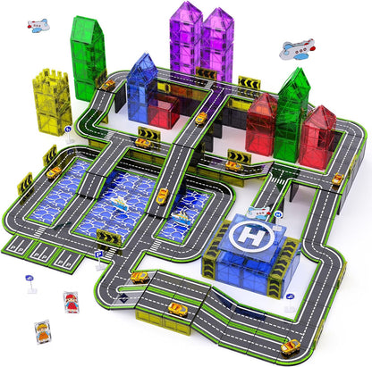 Magnetic Tiles,121PCS Magnet Tiles Road Set with Pullback Cars for 3+ year old Boys,Magnetic Toys for Kids Ages 4-8 with Ship,Airplane,Traffic Sign,STEM Classroom Educational Birthday Gifts Toys
