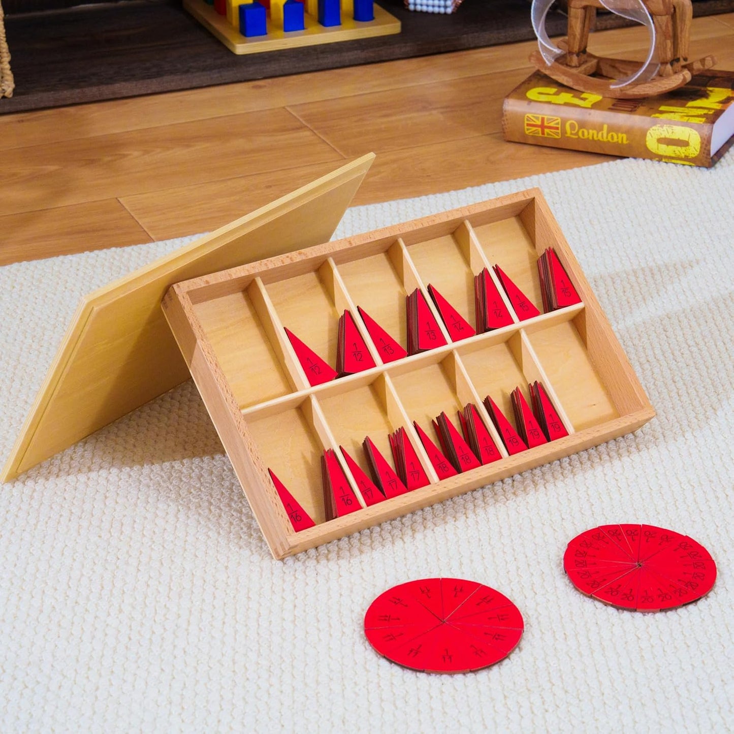 Premium Montessori Cut-Out Fraction Circles – 11 to 20 Equal Parts, Solid Beechwood Advanced Fraction Insets, Wooden Math Manipulative for Fraction Concepts, Homeschool Classroom Kids Ages 6-12