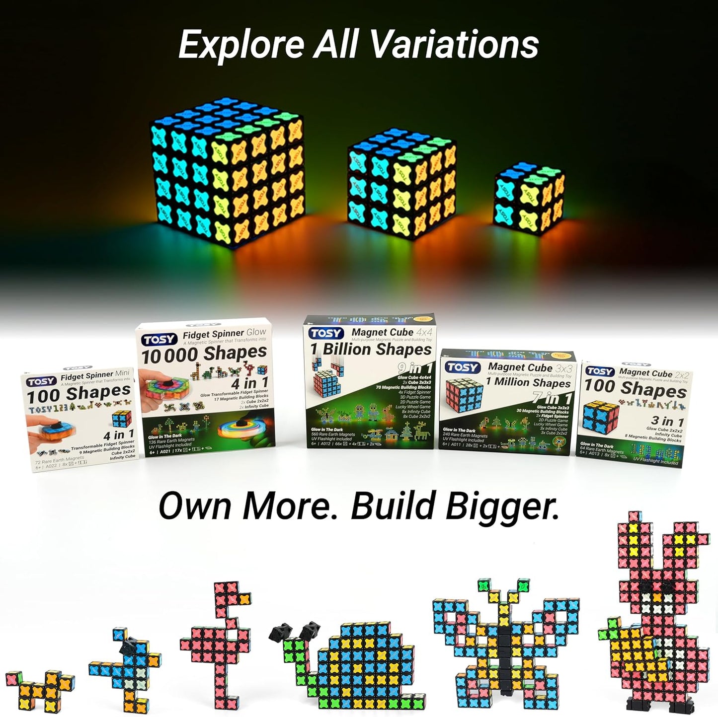TOSY Magnet Cube 2x2 - 8 Blocks, 2in1 Toy: 2x2x2 Puzzle Cube and Customizable Infinity Cube, Easter Basket Stuffers Gifts for Kids/Grandkids, Glowing w/ UV Flashlight, STEM Toy, 2-Pack