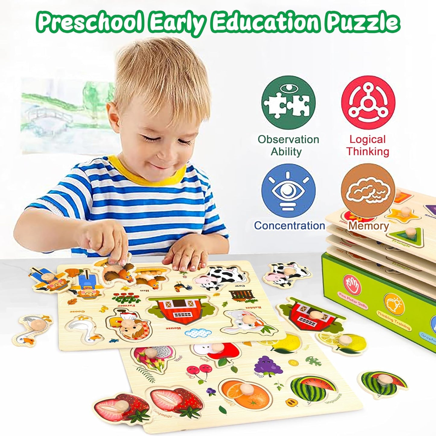 Wooden Puzzles for Toddlers, 4 Pack Montessori Toys Preschool Learning Puzzles for Baby, Farm, Shapes, Animals, Fruits Wooden Peg Puzzles for Boys and Girls (4 Pack)