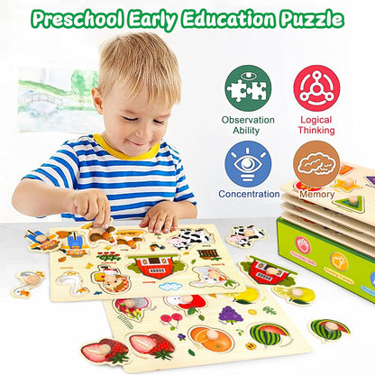 Wooden Puzzles for Toddlers, 4 Pack Montessori Toys Preschool Learning Puzzles for Baby, Farm, Shapes, Animals, Fruits Wooden Peg Puzzles for Boys and Girls (4 Pack)